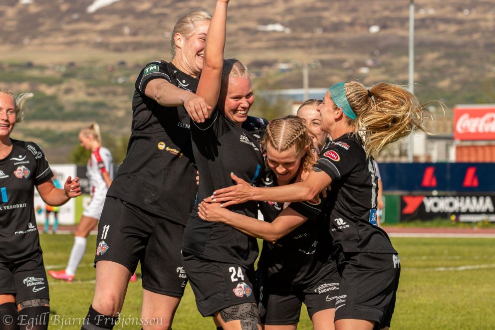 Marki Huldu Bjargar Hannesdóttur gegn Þrótti fagnað. Mynd: Egill Bjarni Friðjónsson.